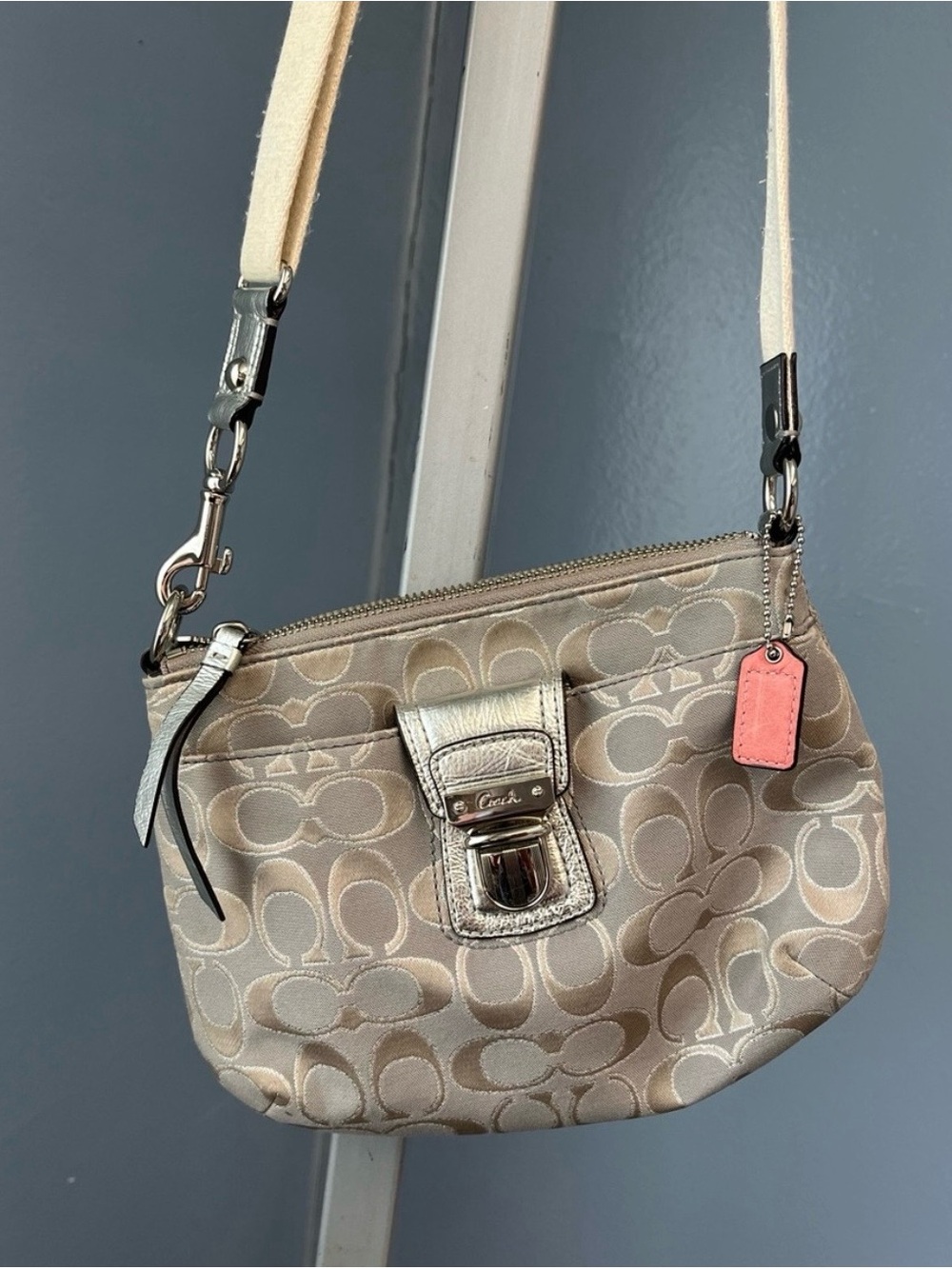 Coach Signature Beige Crossbody with Pink Tag